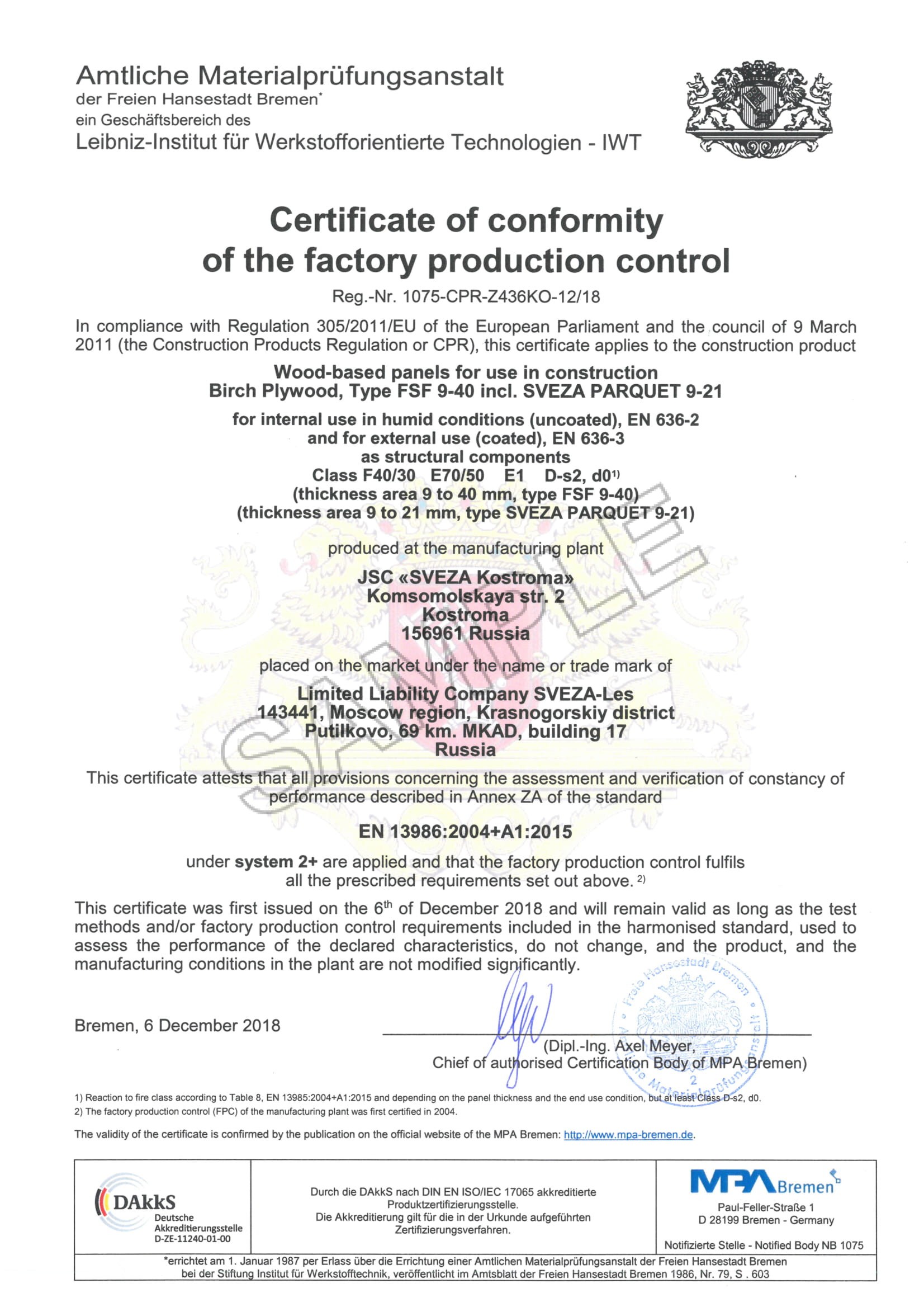 Certificate of conformity  9-40 mm(exterior, WBP)